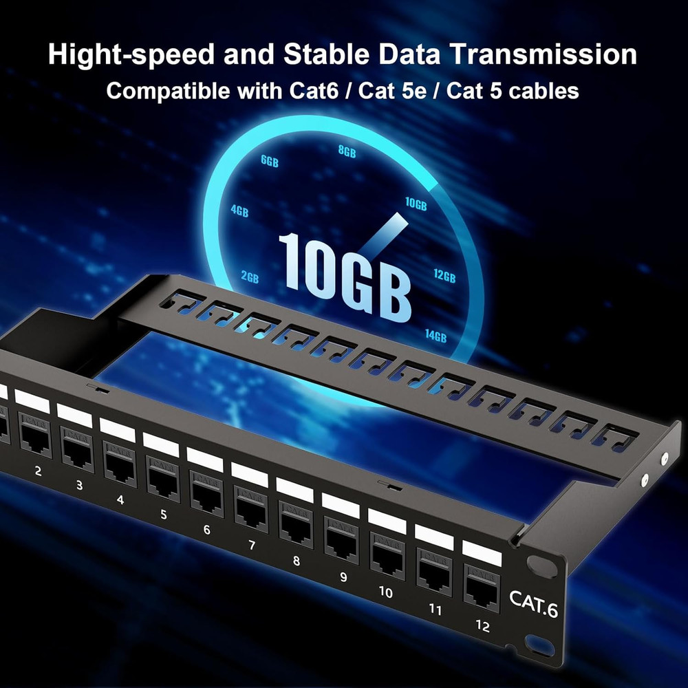 10Gbps Patch Panel 12 Port, 10-Inch through Coupler RJ45 Cat6 Patch Panel with B