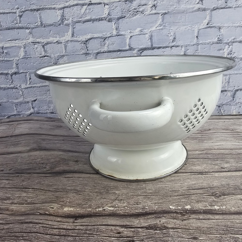 White Enamel Colander 10" Metal Strainer Silver Trim