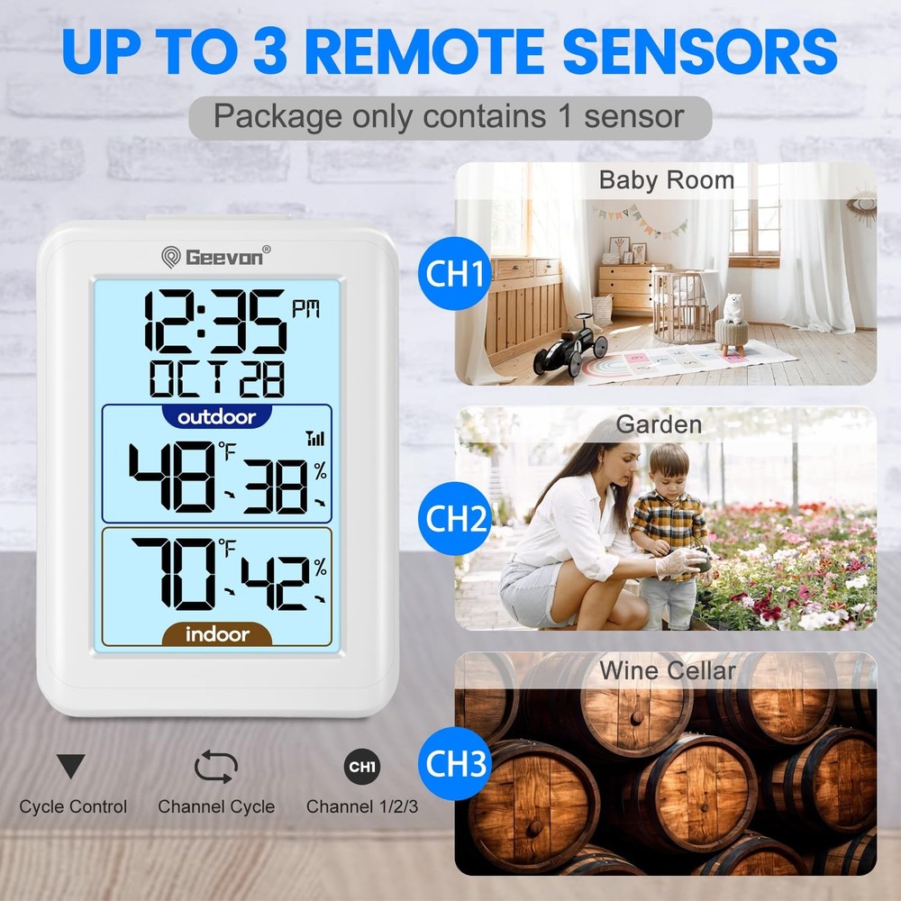 Digital Hygrometer Indoor Outdoor Thermometer Wireless with Clock, Backlight ...