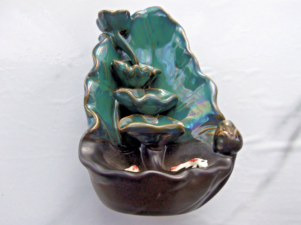 Ceramic Iridescent Green Waterfall Incense Burner W/ Koi Fish