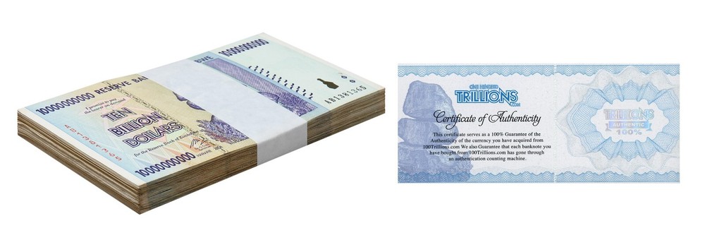 100 Zimbabwe 10 Billion banknotes 2008, P-85 CIRC bundle CoA Authentic trillion