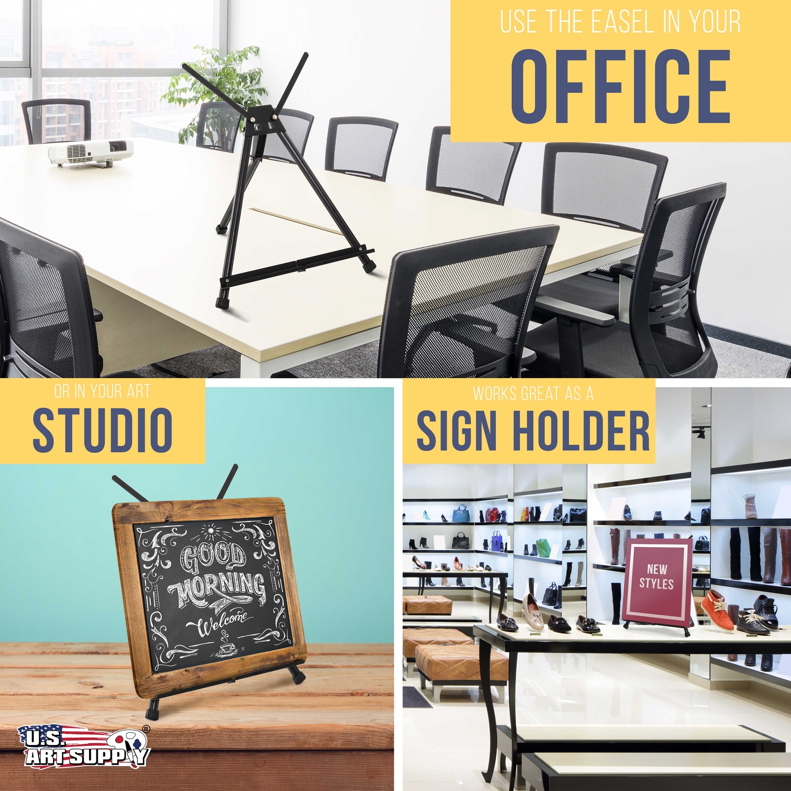 15" to 21" Black Aluminum Tabletop Display Easel with Arms, Artist Tripod Stand