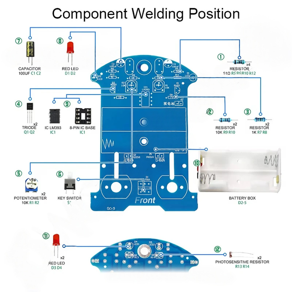 Electronics Learning Kit with Red LED and Photoresistor for Track Sensing