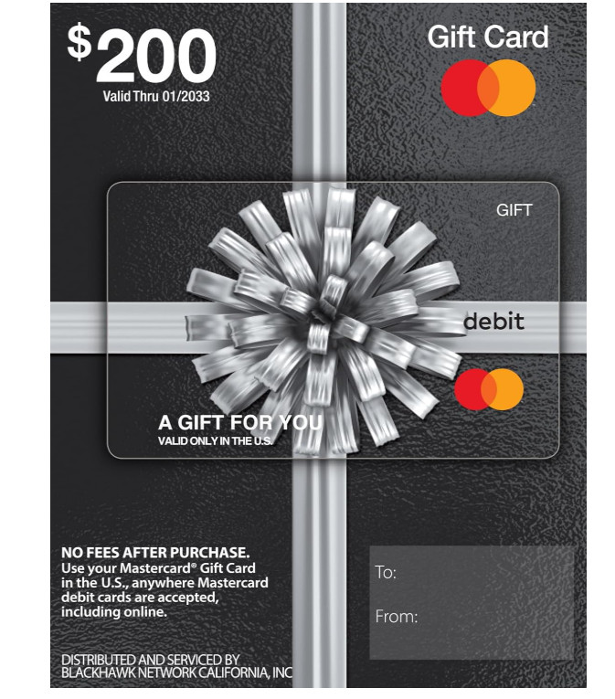 MasterCard Physical Gift Card – $200 (plus $6.95 Purchase Fee)