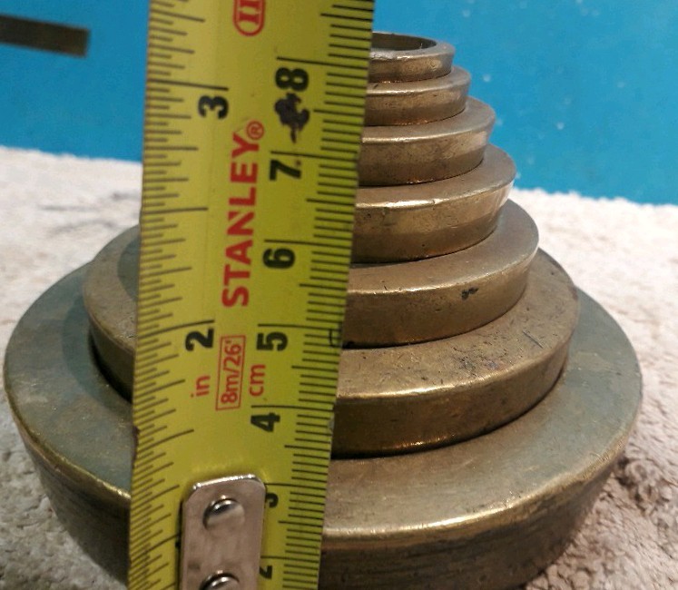 7 Vintage Solid Brass Stacking Sovereign Calibration Weights 2.9kg Gbs6