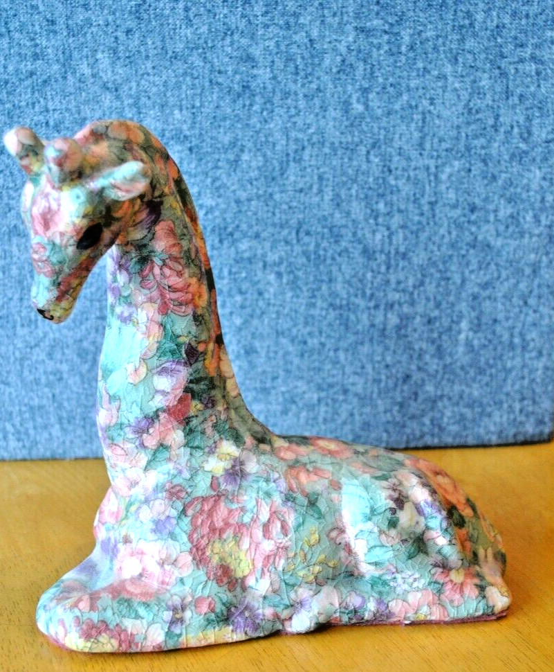Vintage floral Patchwork decoupage pattern ceramic Art giraffe figurine