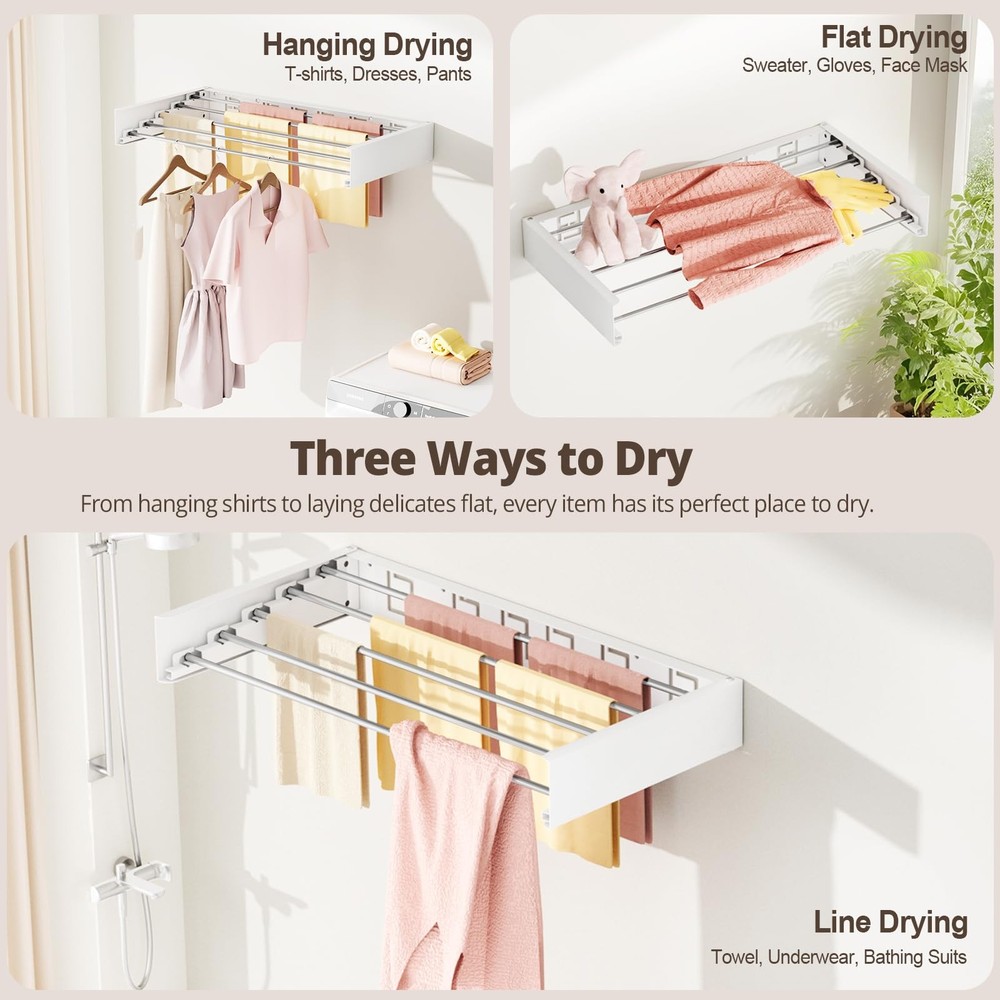 Wall Mounted Clothes Drying Rack Folding Indoor, Foldable Laundry Drying Rack...