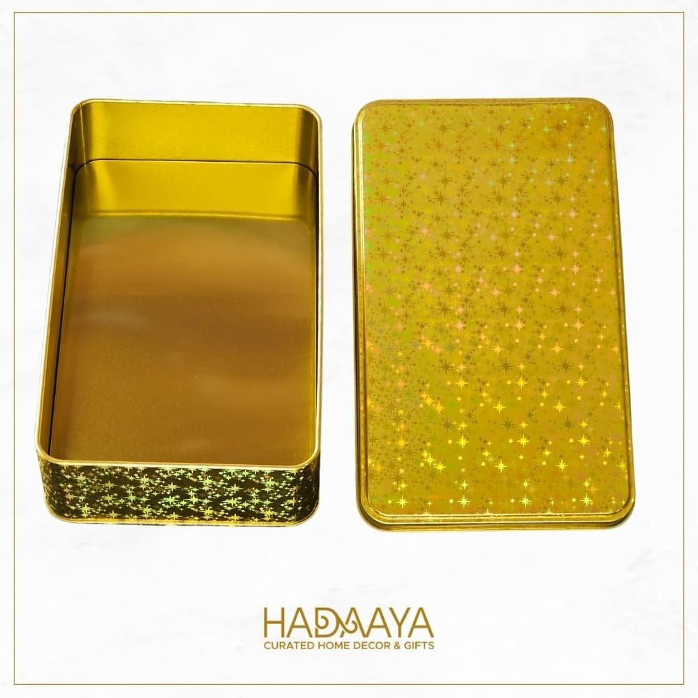 Gold Glitter Single Piece Empty Rectangular Tin Container W/ Lid Multipurpose