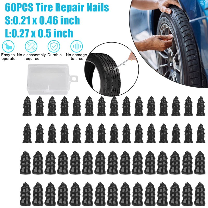 60 Pcs Rubber Tire Nail Repair Kit Screw In Tire Plugs for Car Truck SUV Van