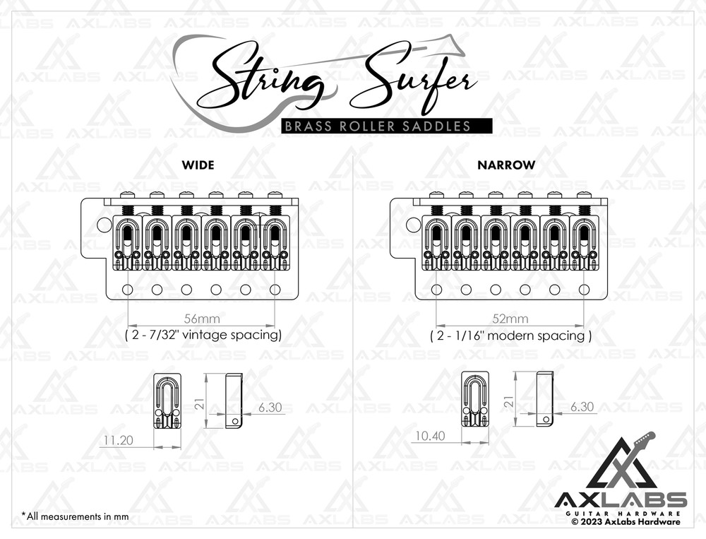 AxLabs String Surfer Brass Roller Strat Saddles | Wide Chrome