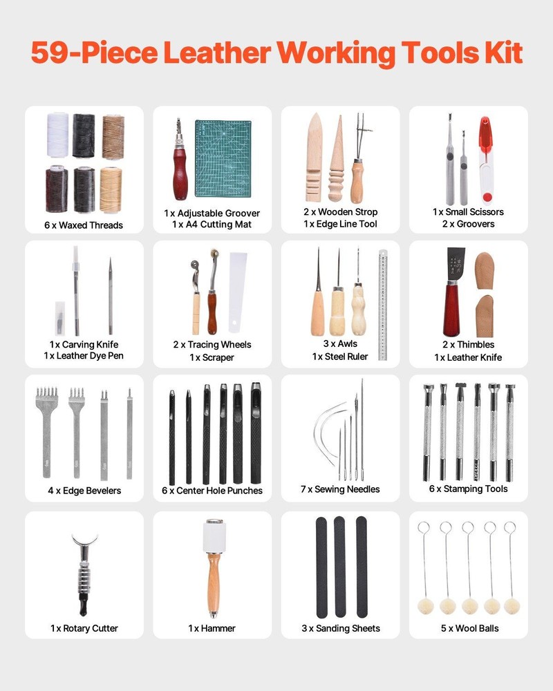 Ultimate Leather Artistry Kit Containing 59 Durable Craft Instruments