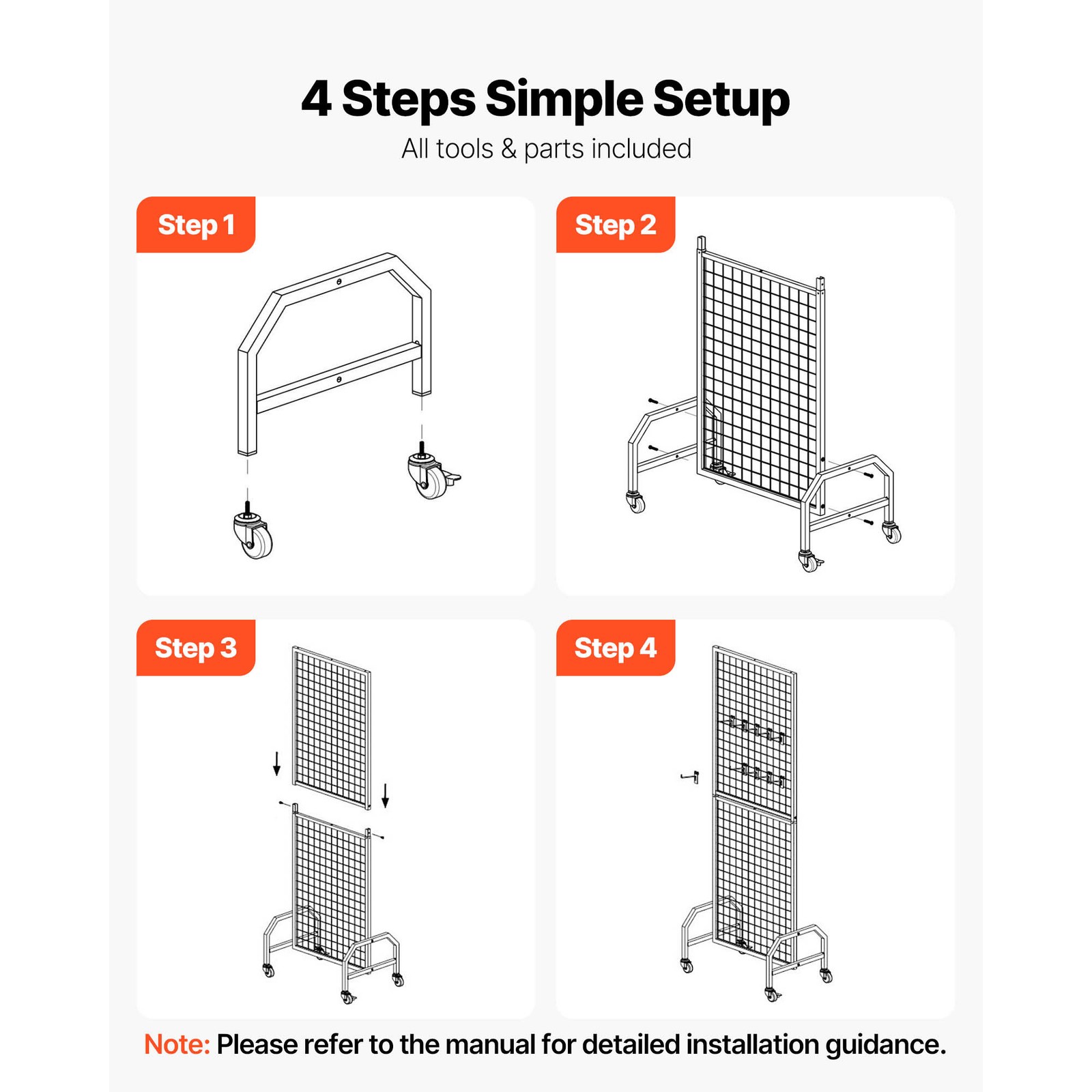 Uimoso Grid Wall Panel 1.9 x 5.4 ft Wire Display Rack with Wheels and 10 Hooks
