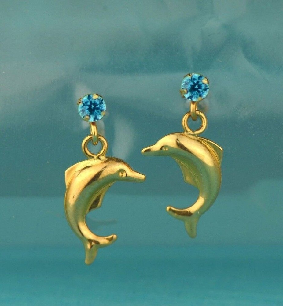 14k Yellow Gold CZ Dolphin Stud Earring