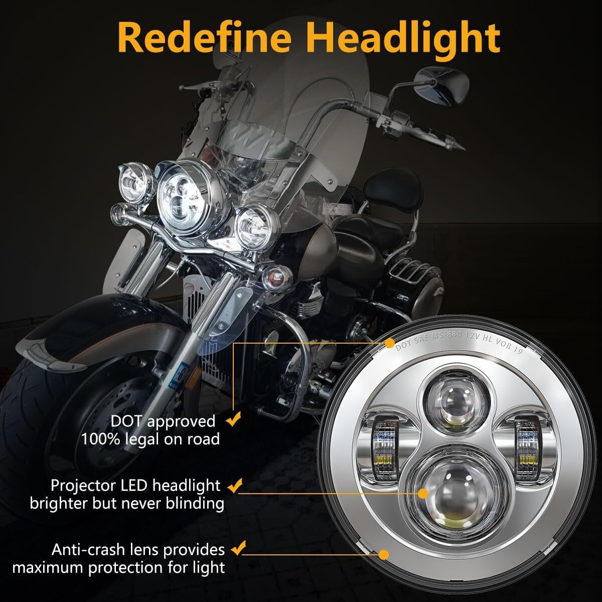 7 Inch 140W LED Headlight Hi/Lo + 2Pcs 4.5Inch 80W Fog Light for Harley Davidson