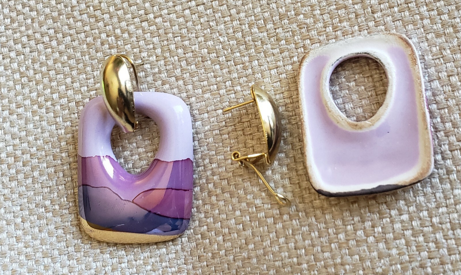 Handcrafted Purple Plum Ceramic Gold Dipped Square Ceramic Stud Earrings Jewelry