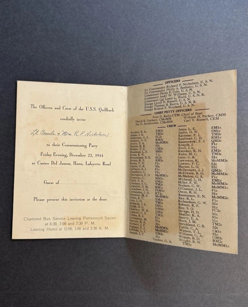 WWII 1944 USS Quillback Submarine Commissioning Party Program & Menu - Rare