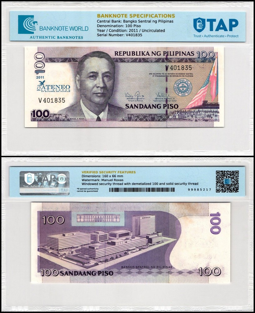 Philippines 100 Piso, 2011, P-212, UNC Commemorative w/ Stains TAP Authenticated