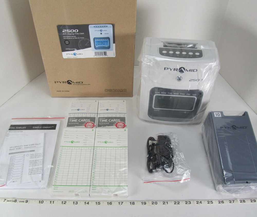 New Pyramid Auto Aligning Time Clock 2500 6 Column with Time Cards & Rack LCD