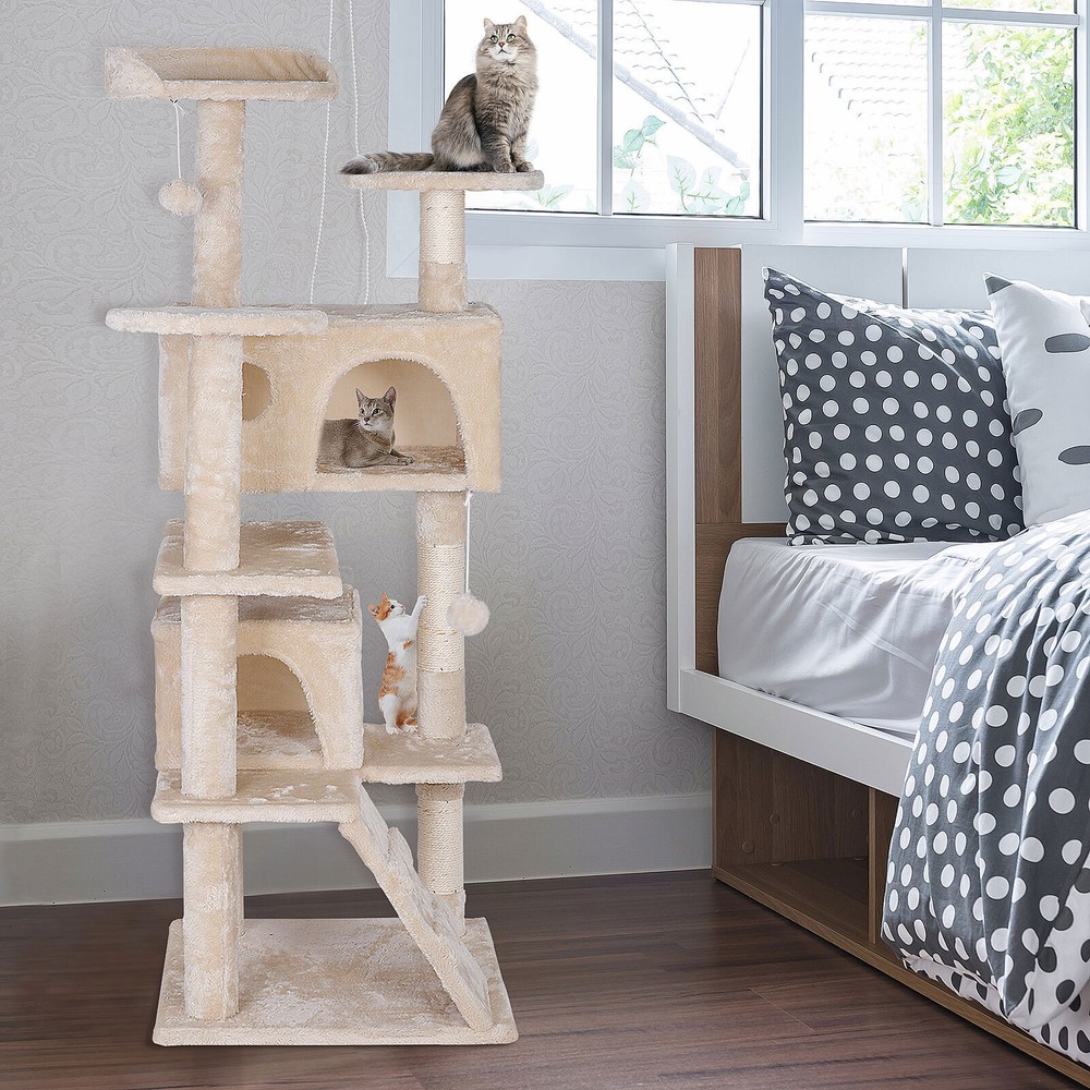 55'' Multi-Level Cat Condo Tower Kitty Cat Tree with Scratching Post Beige