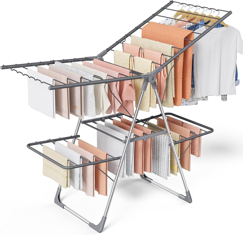 Clothes Drying Rack, Foldable 2-Level Laundry Drying Rack with Height-Adjustable