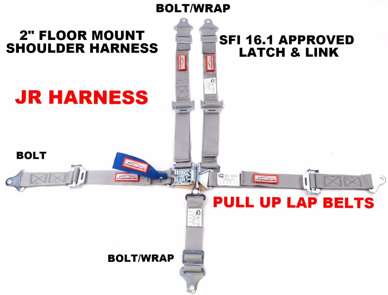 JR DRAGSTER HARNESS SFI 16.1 FIVE POINT LATCH & LINK FLOOR MOUNT BELT GREY