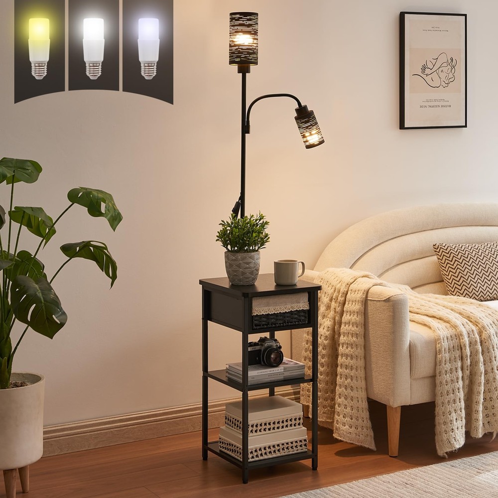 Floor Lamp with End Table, 2 Bulbs Included, Adjustable Brightness - Compact