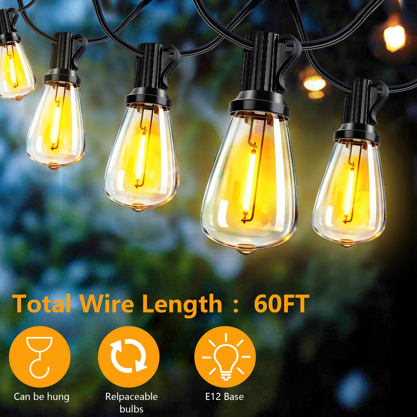 60FT Solar String Lights Outdoor Waterproof Patio w Remote Control 16 ST38 Bulbs