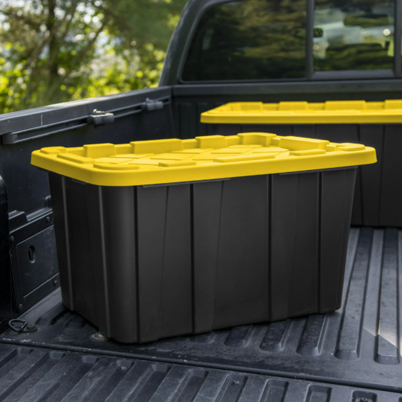Sterilite 27 Gallon Storage Bin with Lid, Black/Yellow, 6 Pack