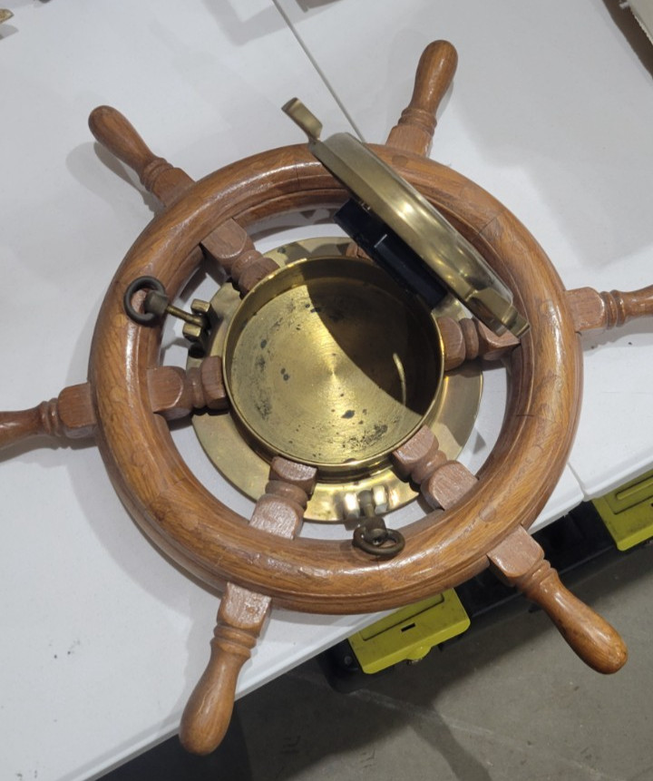Vintage Ships Wheel Clock Solid Brass Wood Wheel