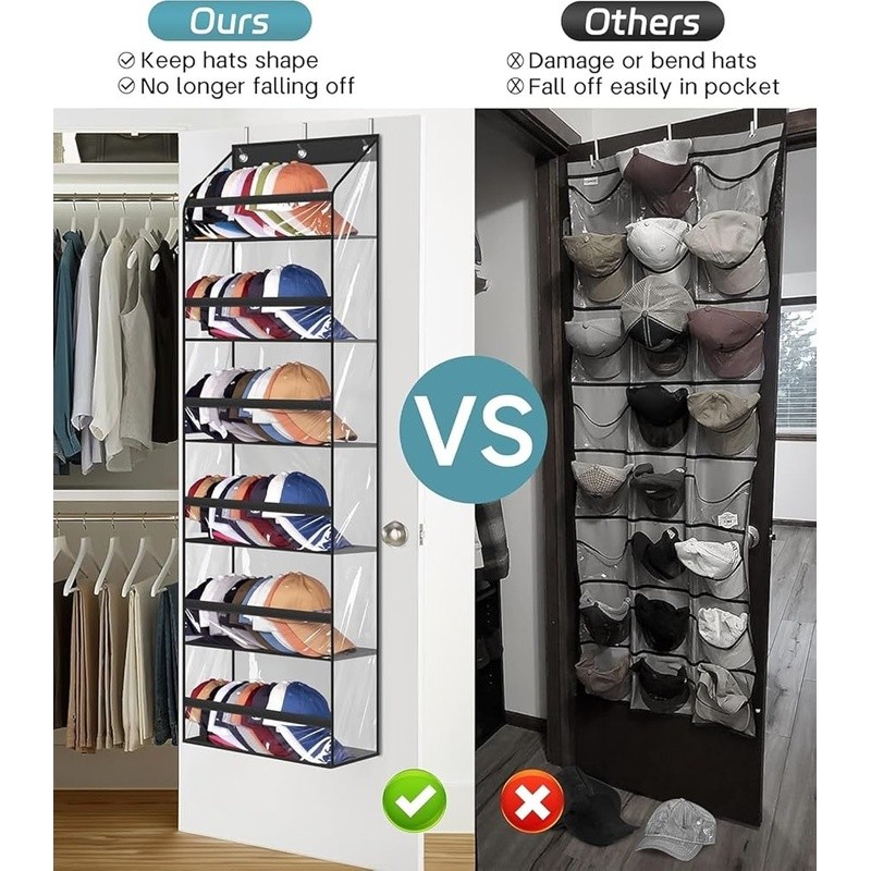 Hat Organizer Rack 72 Baseball Caps Door Storage W/ Hooks Multi-Purpose Display