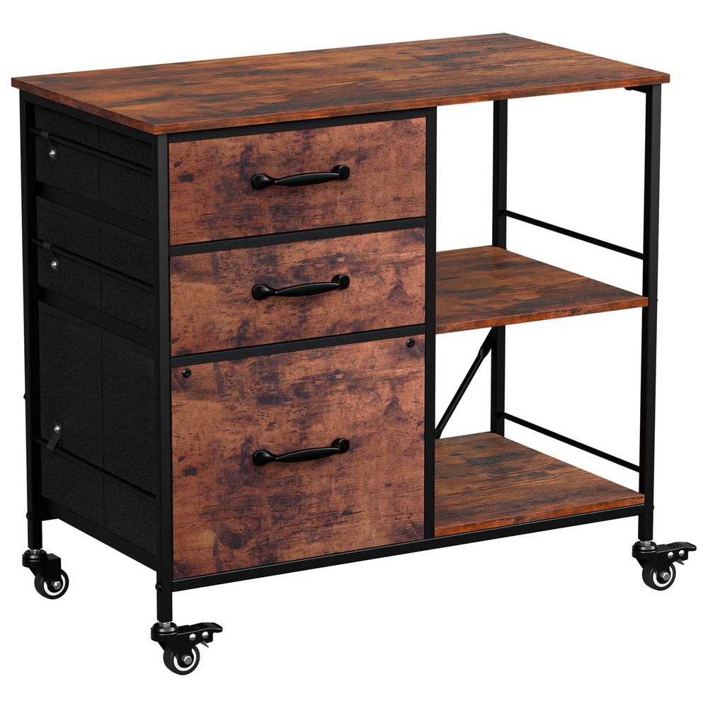 Mobile File Cabinet w/ 3 Drawers & Open Shelf Rolling Printer Stand Rustic Brown
