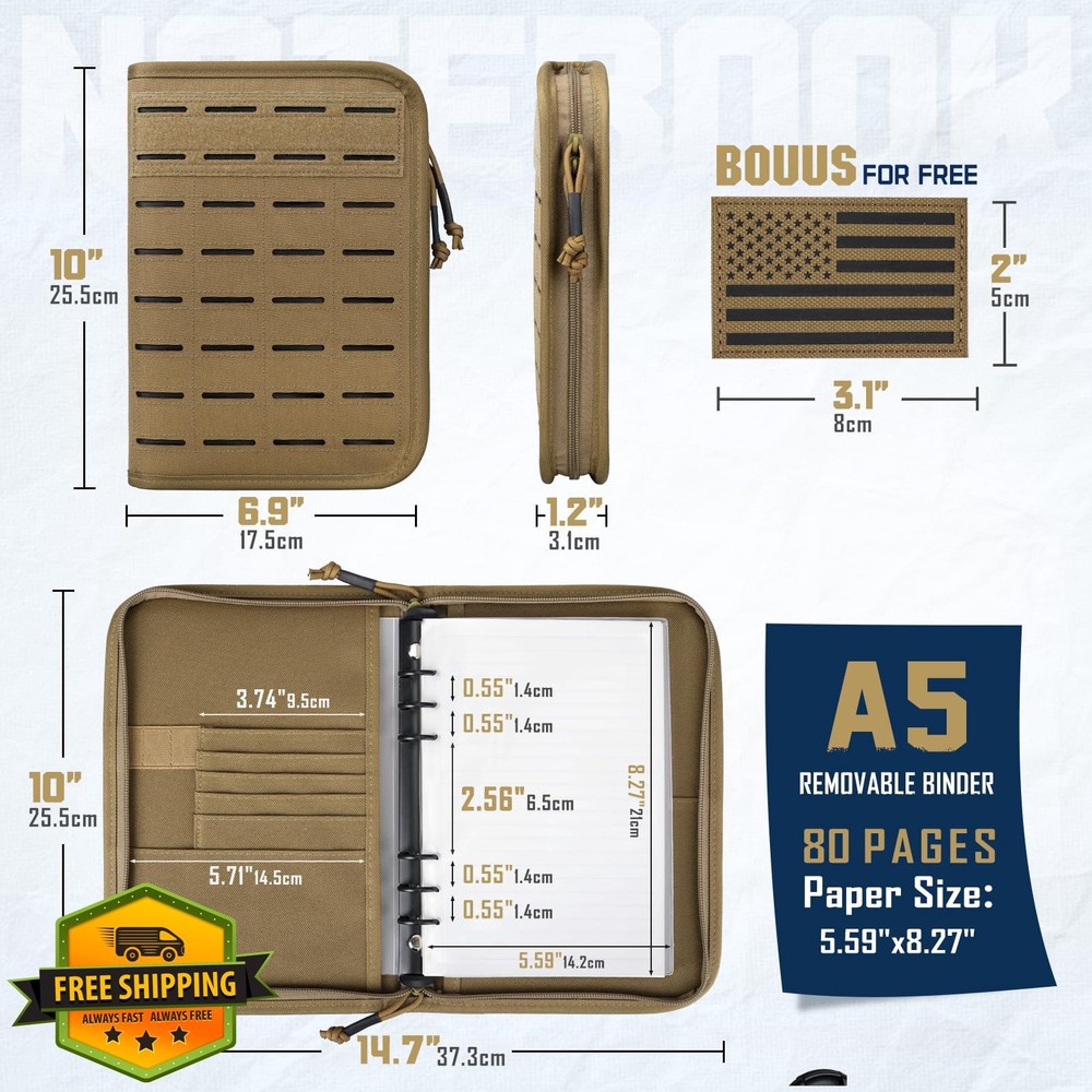 Pitozer A5 Tactical Notebook Padfolio Binder Molle Zip Khaki 7.3x10"