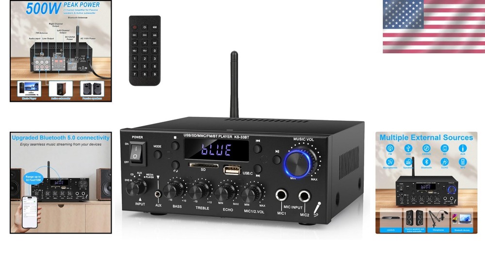 Compact 500W Audio Amplifier with Bluetooth