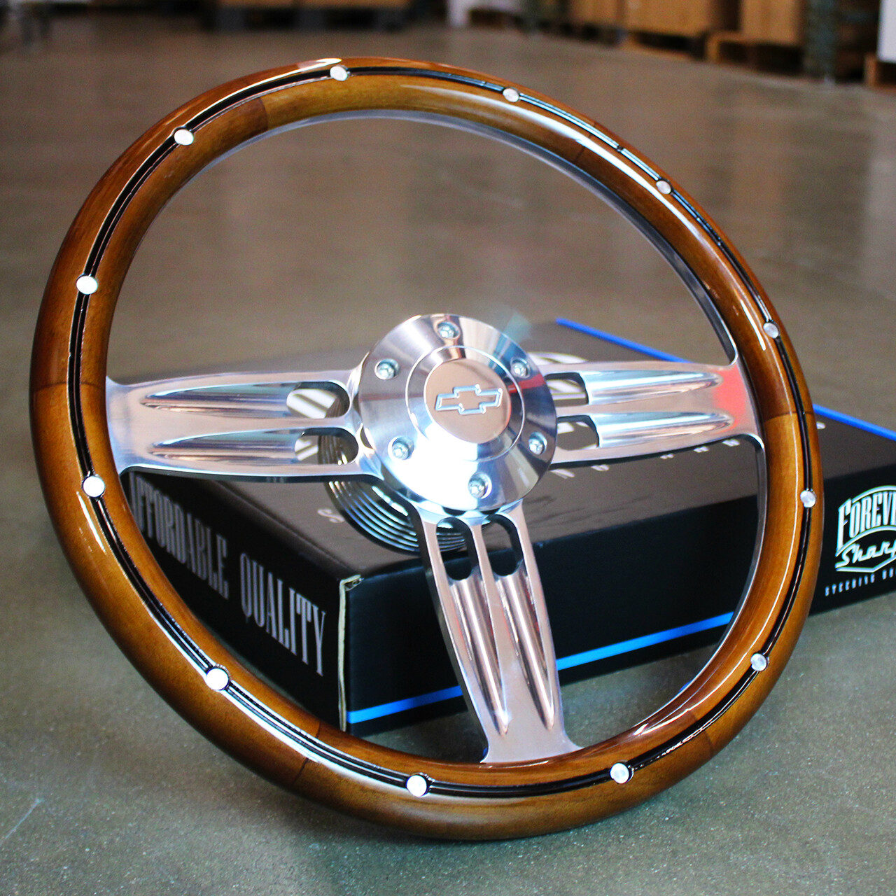 14" Inch Polished & Wood Steering Wheel Chevy Bowtie Horn , 6 Hole C10 Camaro