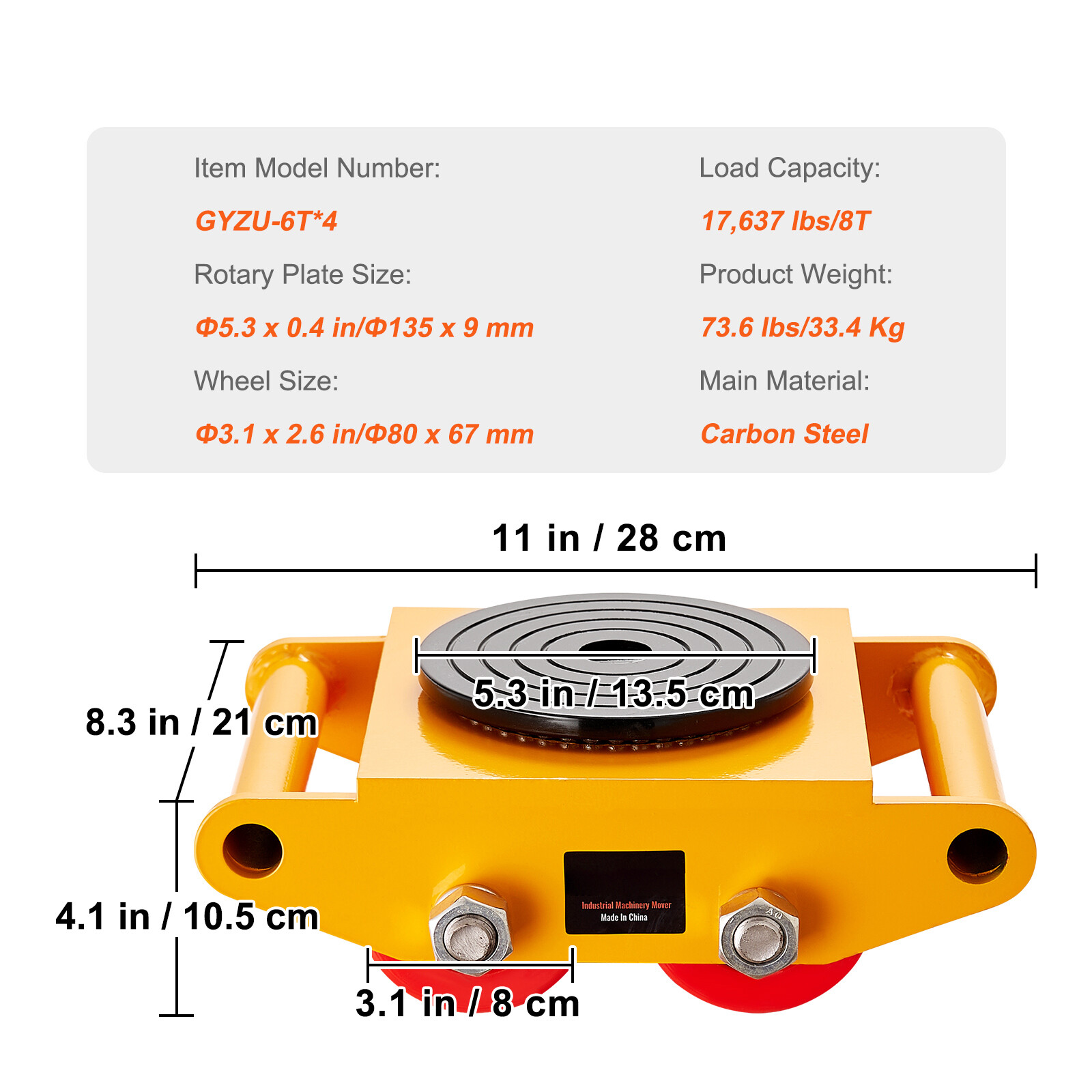 4PCS 17637LBS/8T Machinery Skate Dolly Machinery Mover Loading 4 PU Wheels