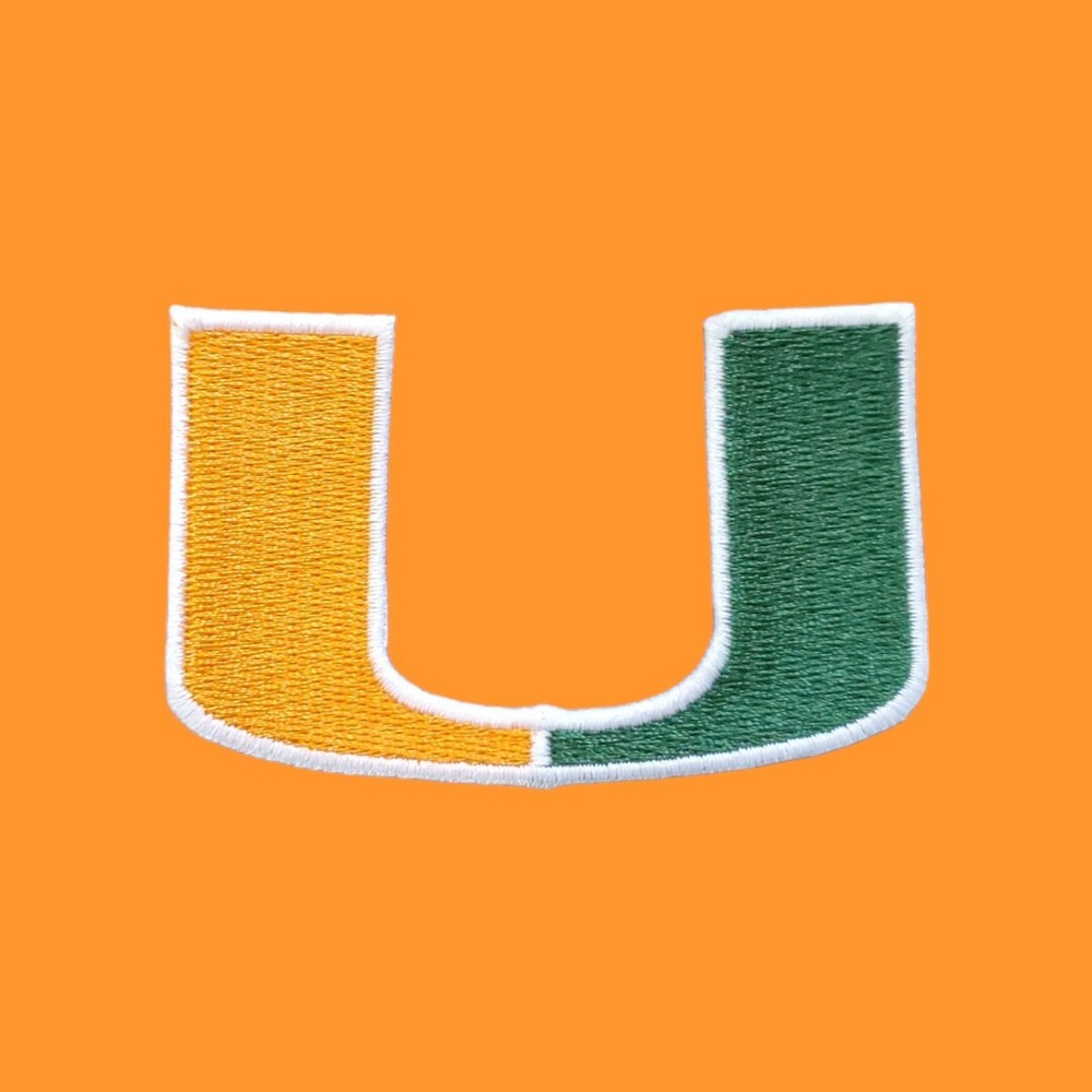 Miami Hurricanes U Patch. Fully Embroidered. Iron On Backing. 3"x2"