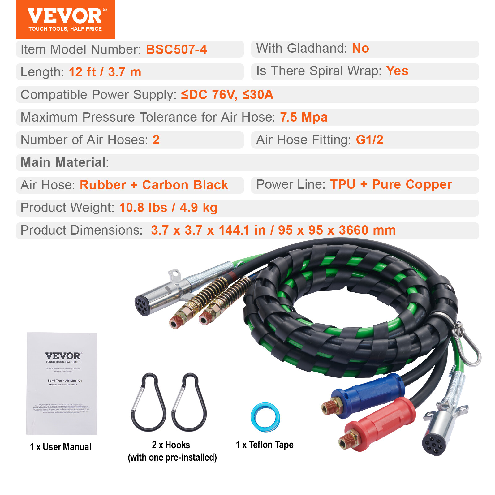 VEVOR 12FT Semi Truck Air Lines Kit 3-in-1 Air Hoses & 7-Way Plug ABS Power Line