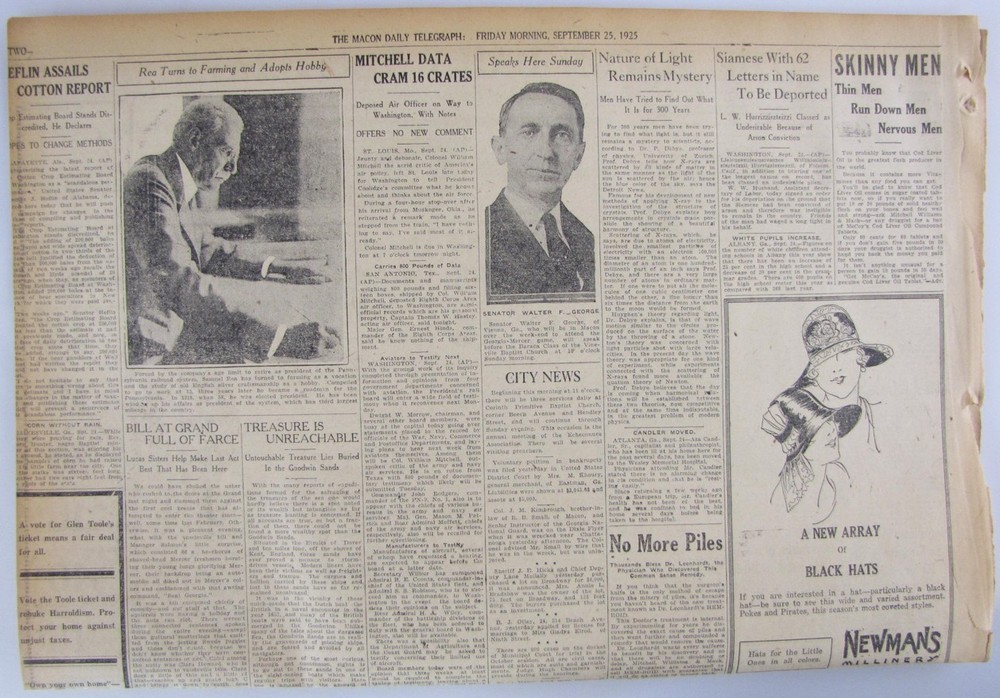 Vintage 1925 General William Billy Mitchell, Army Case Newspaper