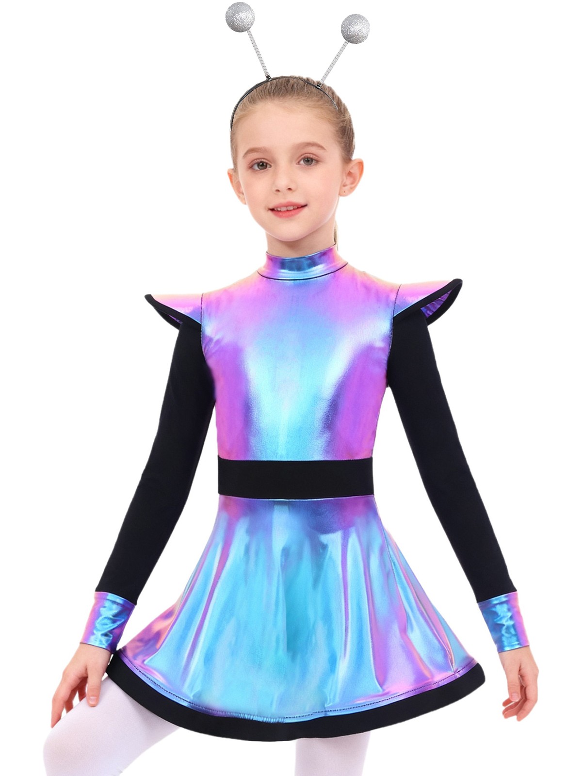Kids Girls Dress Mock Neck Alien Costume Built-In Shorts Outfit Outerspace 2Pcs