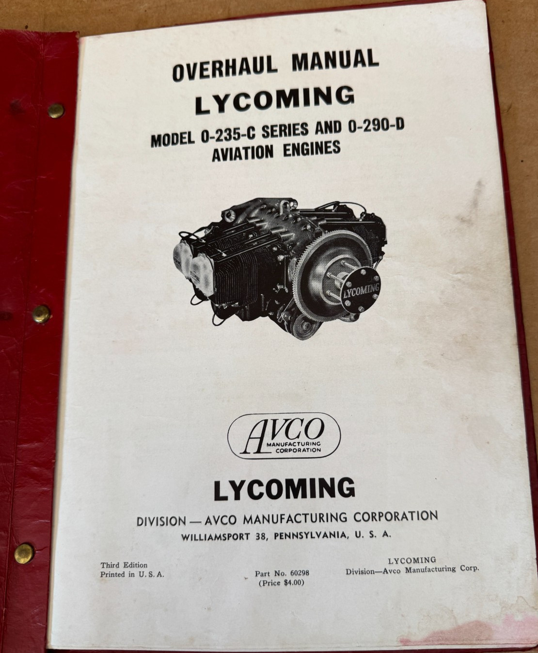 Original Lycoming 0-235 & 0-290 OH Manual 3rd Ed & O-320-B Parts -1960 Edition