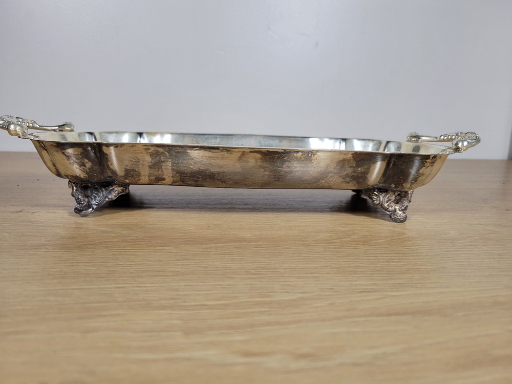 Silver Plate Etched Serving Tray Footed with Handles 13" Rectangular