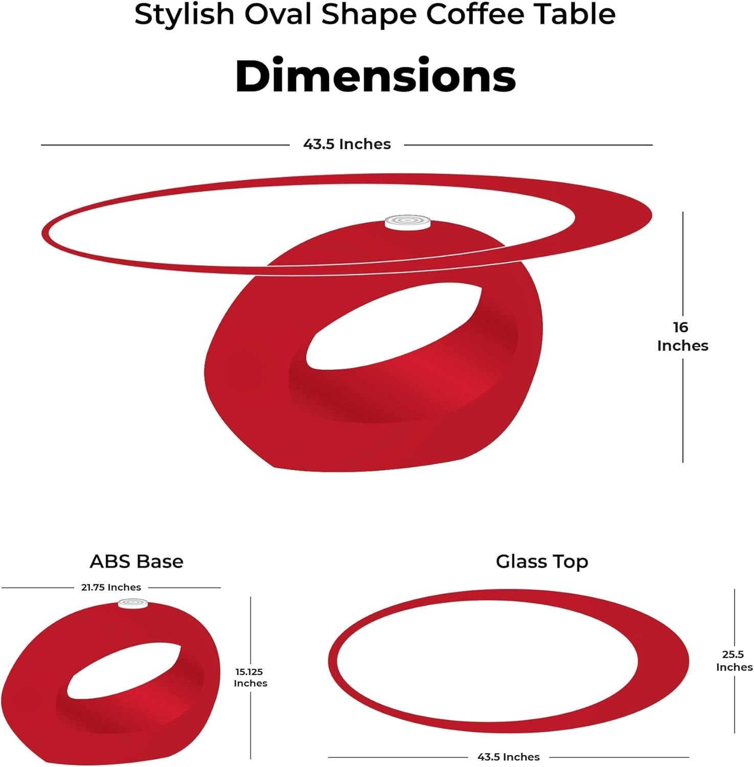 Red High Gloss Coffee Table 10mm Tempered Glass Flat, Top Oval Modern Base