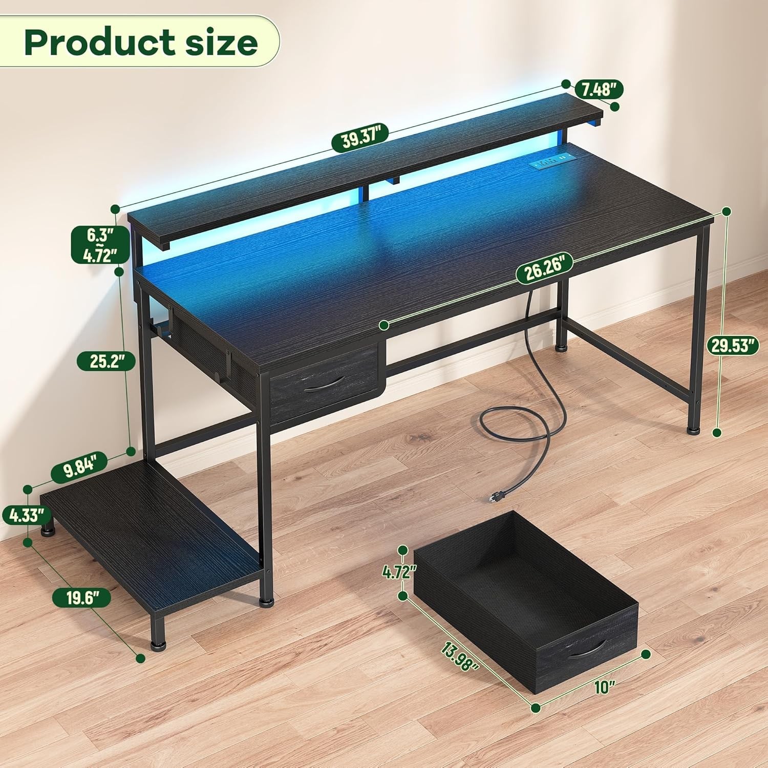 39.3Inch Office Desk with Power Outlet & Drawer, Gaming Desk with CPU Stand& LED