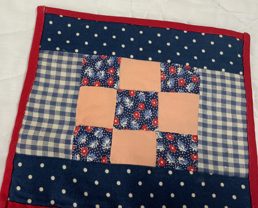 Vintage Patchwork Mini Quilt Table Topper Or Doll Quilt, Nine Patch, Blue, Navy