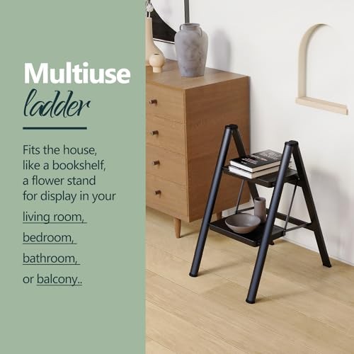 Step Ladder for Home, Foldable Step Stool for Kitchen with Non 2 Step Black