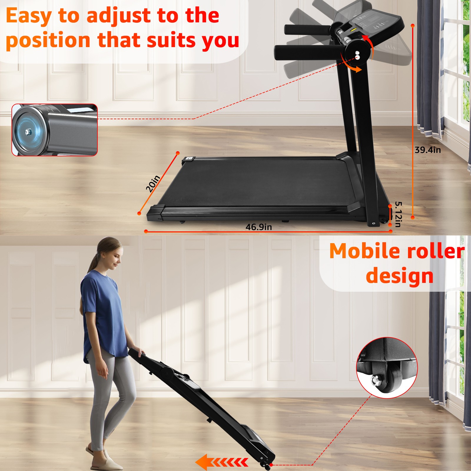 ‌Space-Saving 3HP Folding Treadmill - Shock Absorbing & Extra Wide Running Belt‌