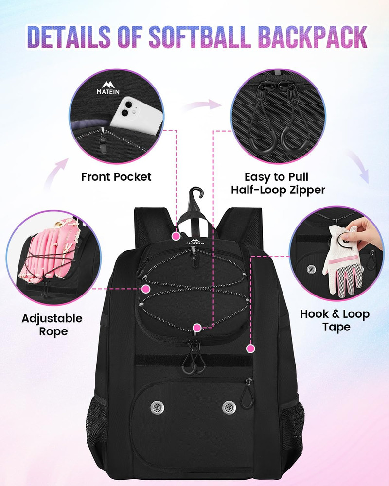 Softball Bag, Lightweight Baseball Backpack with Shoe Compartment, Baseball Bag
