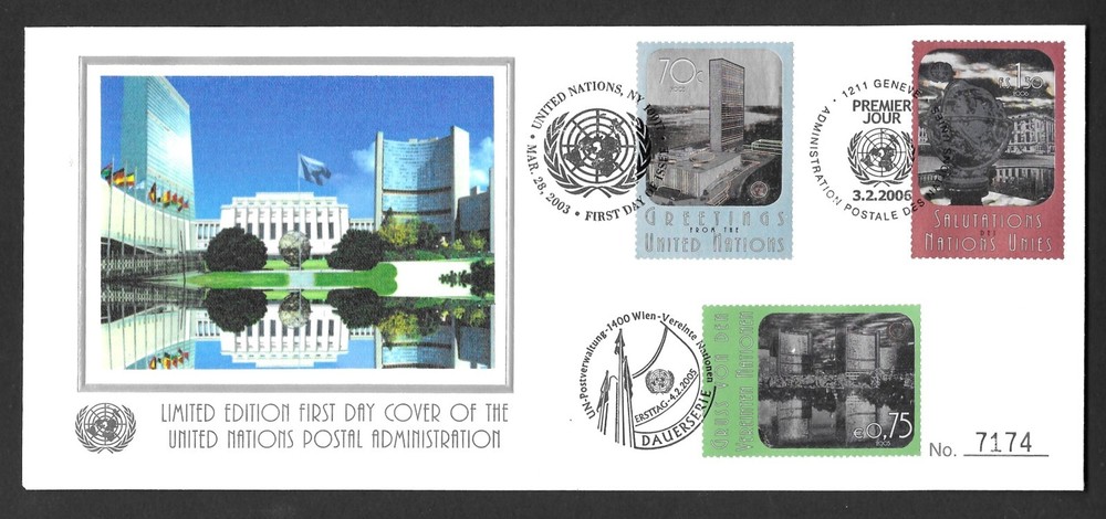 UN Greetings Postmarks NY 2003/Geneva 2006/Vienna2005 First Day Cover