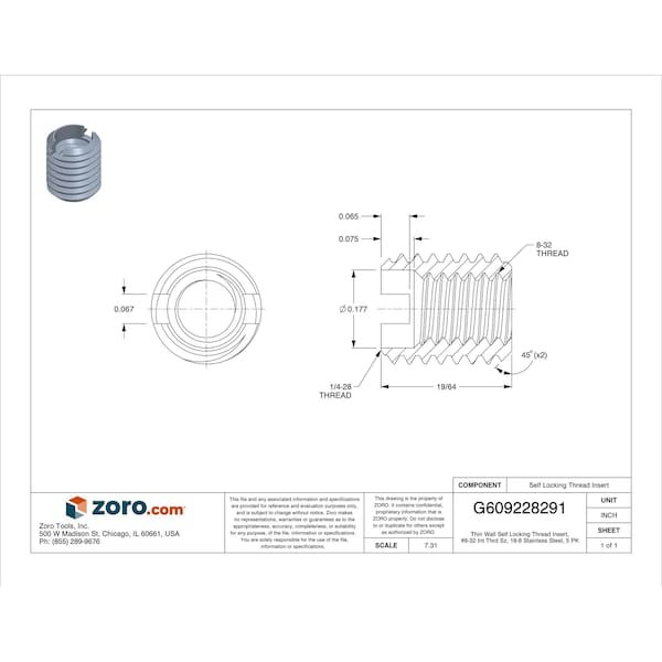 Thin Wall Self Locking Thread Insert, No. 8-32 Int Thrd Sz, 18-8 Stainless