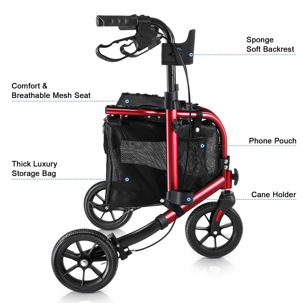8" 3-Wheel Folding Rollator Walk Rolling Walker w/Adjustable Handle Storage Bag